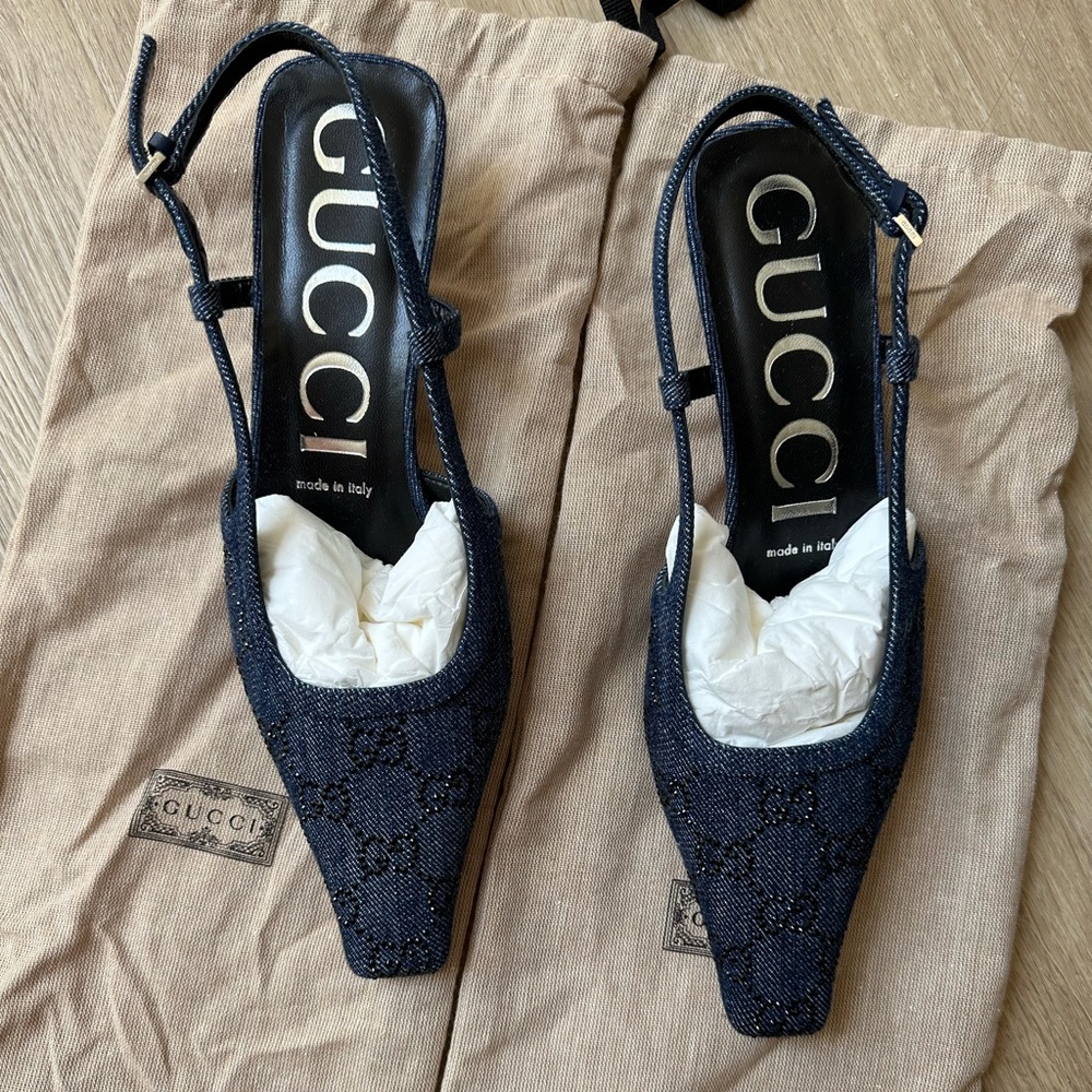 Gucci Demi Crystal GG Denim Slingback Pump size 38